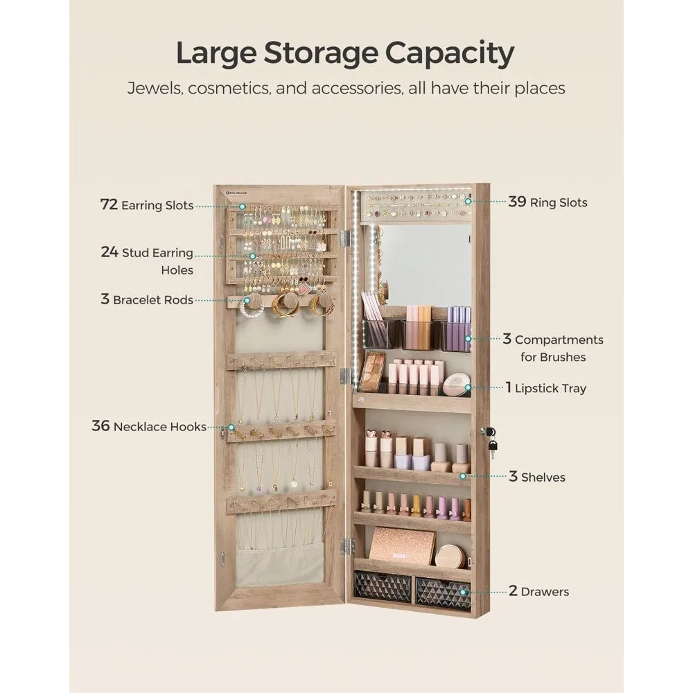 Jewelry Cabinet Armoire Organizer with LED Lights, Wall-Mounted Storage Cabinet with Full-Length Frameless Mirror