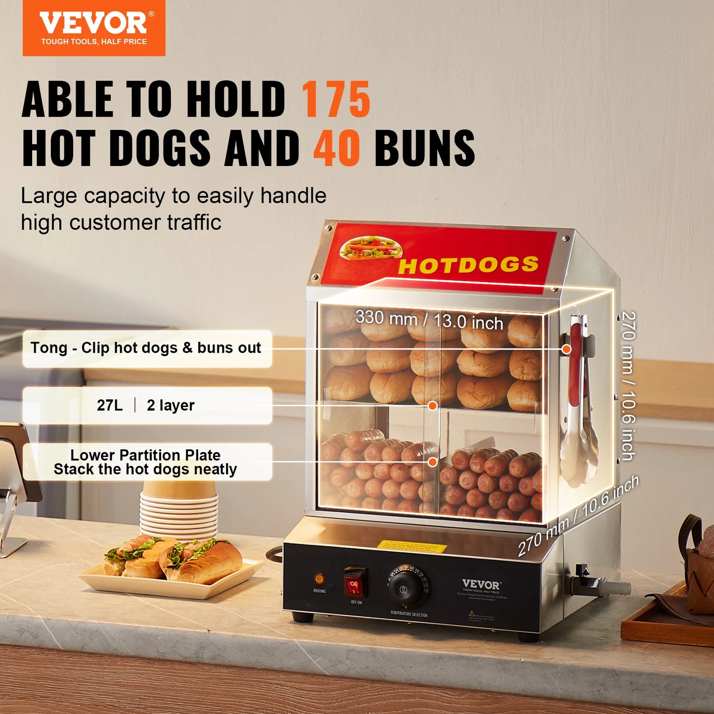 VEVOR Hot Dog Steamer With Temperature Control Bun Warmer