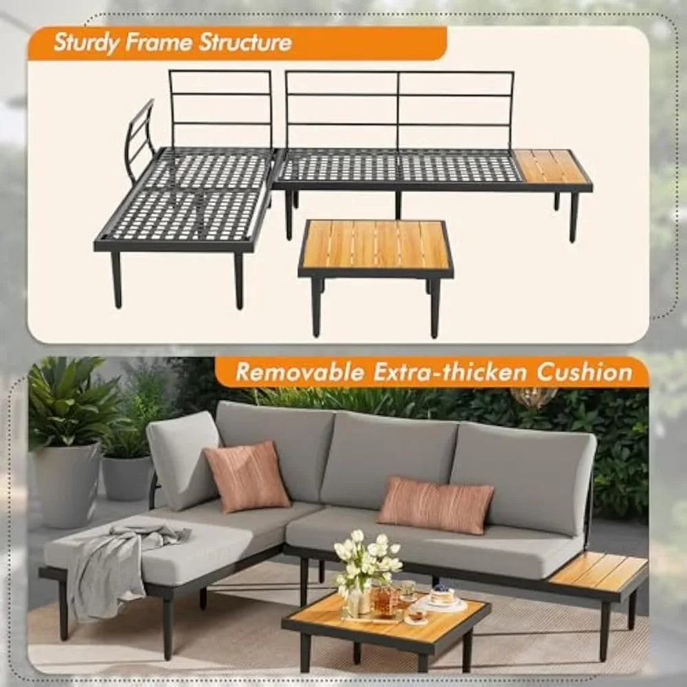 Outdoor Sectional Patio Sofa With Acacia Wood Table Set
