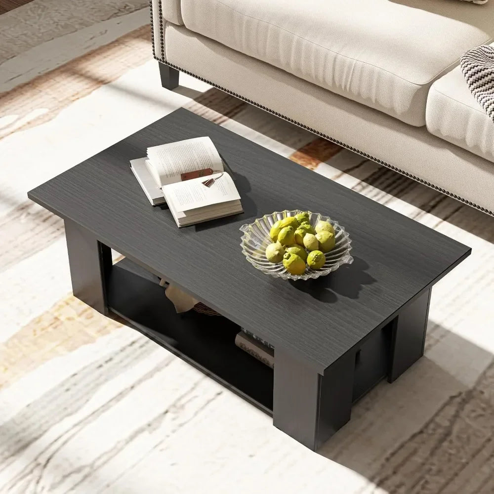 Two Tier Coffee Table Modern Rectangular Center Wooden Cocktail Table
