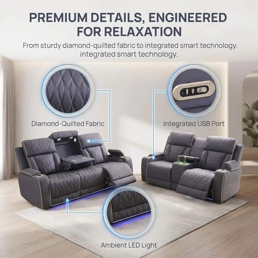Power Reclining Sofa Set With LED Lights Leather Living Room