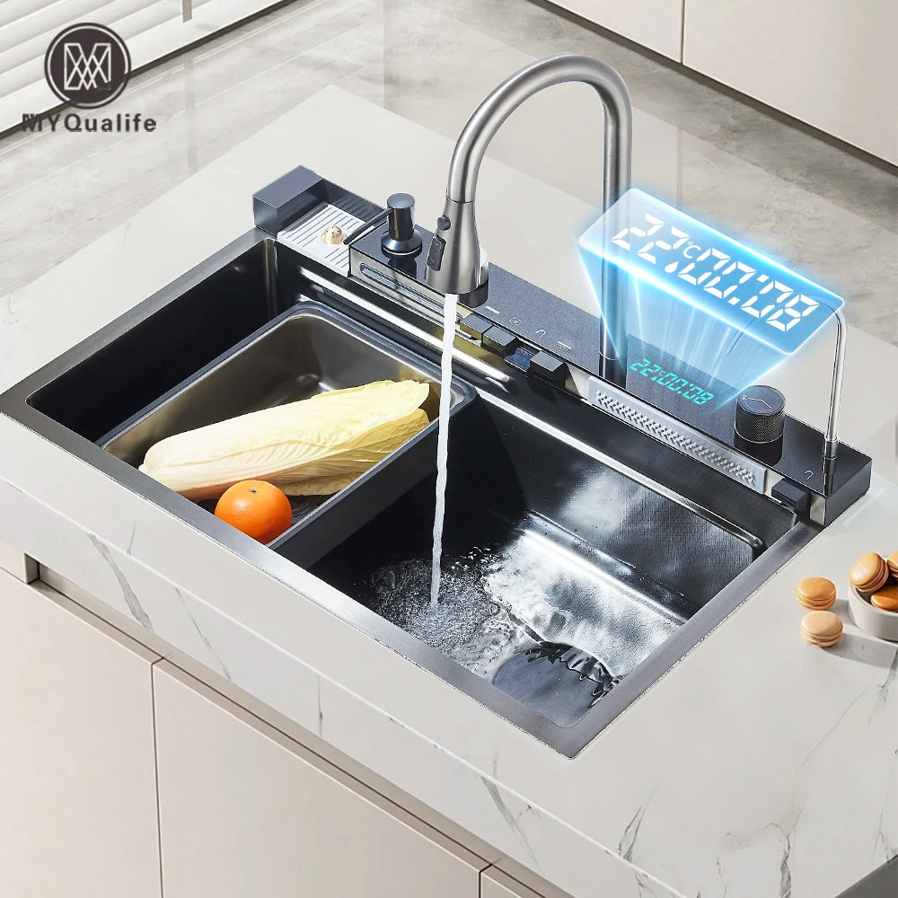 MYQualife 304 Stainless Steel Waterfall Kitchen Faucet Set Soap Dispenser