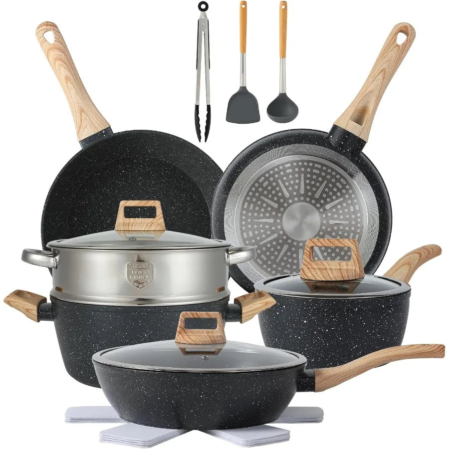OLOEY 16 Piece Nonstick Pots and Pans Cookware Set for Home Kitchen Durable Aluminum Construction
