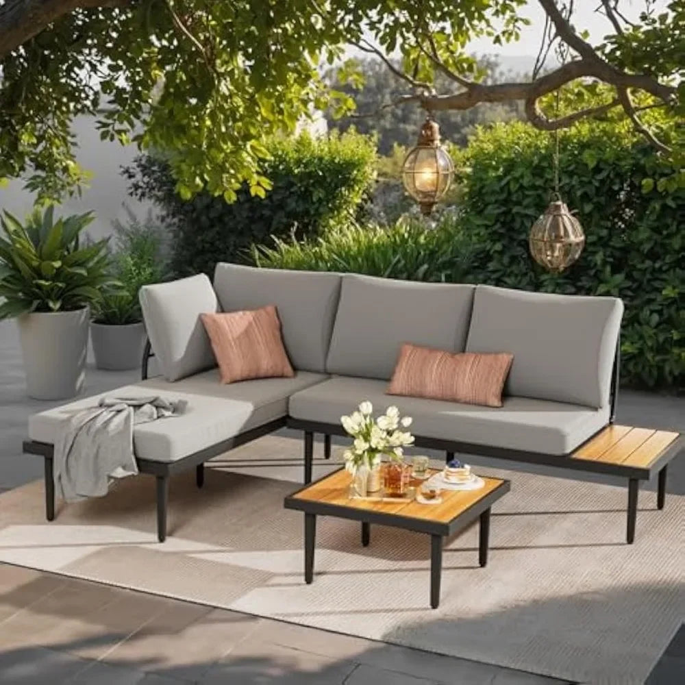 Outdoor Sectional Patio Sofa With Acacia Wood Table Set