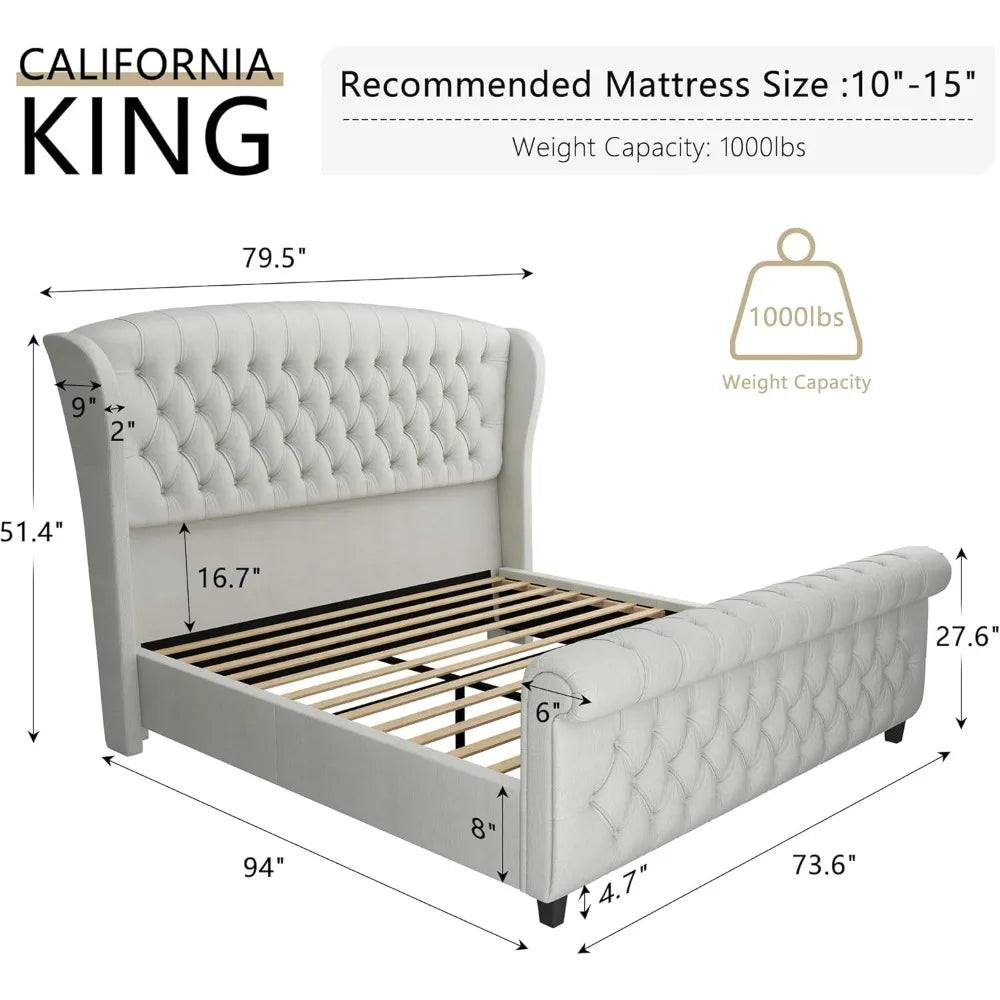 Platform Bed Frame With Scroll Wingback Headboard Footboard Velvet Upholstery