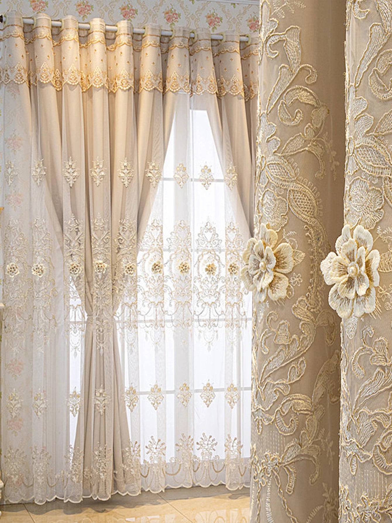1PC beige Embroidered Blackout curtain UV protection double-layer insulationeasy hanging for living rooms bedrooms office