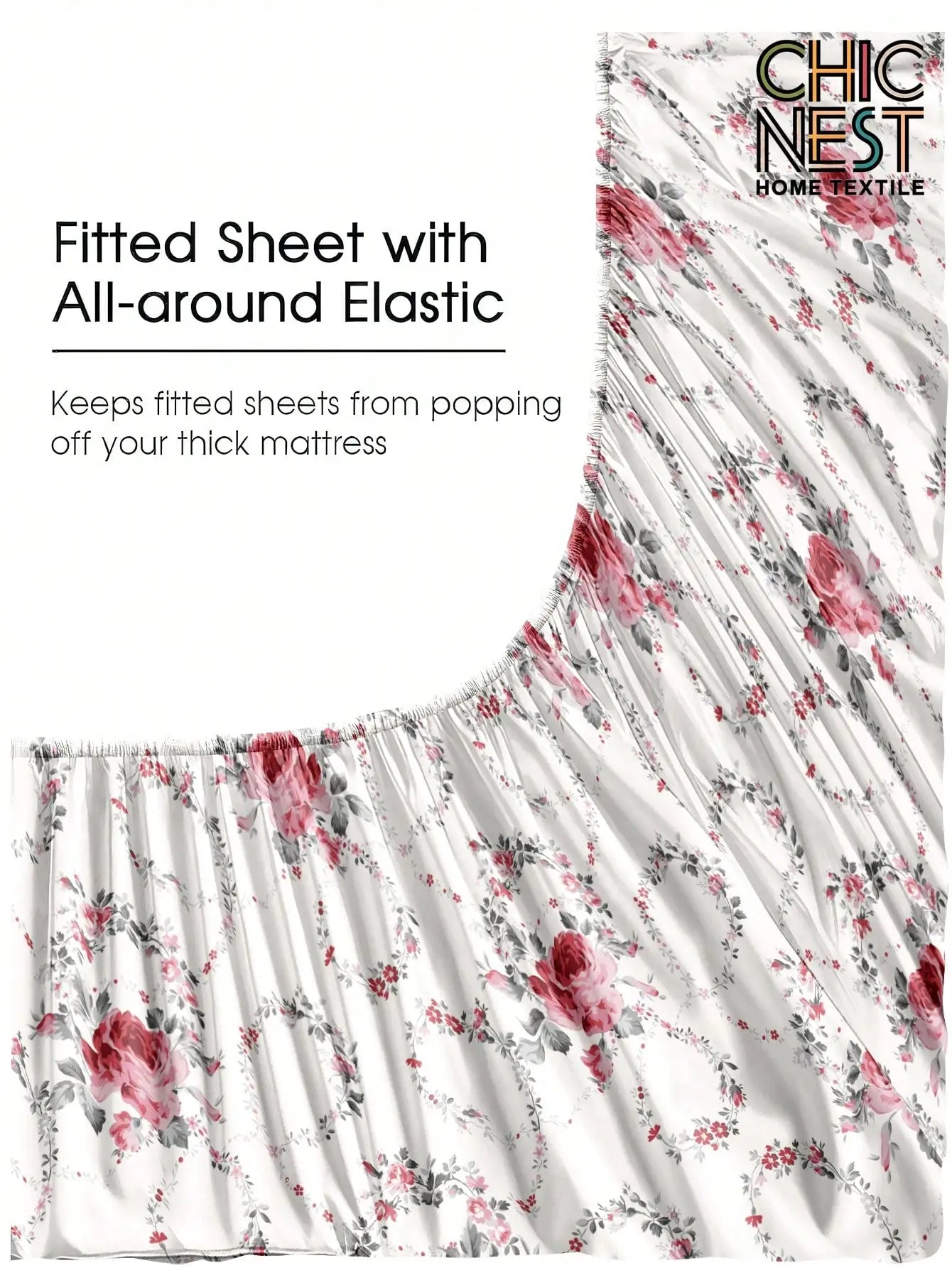 4-Piece Floral Print Bedding Set with Rose Pattern, Fitted Sheet, Flat Sheet & 2 Pillowcases