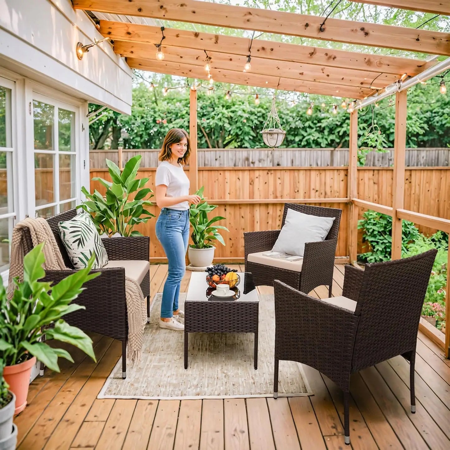 4 Pieces Outdoor Patio Furniture Sets Rattan Chair Wicker Set,Outdoor Indoor Use Backyard Porch Garden Poolside, Customized
