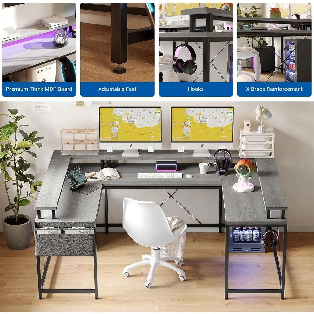 L-Shaped Gaming Desk With Power Outlets LED Lights Reversible Design