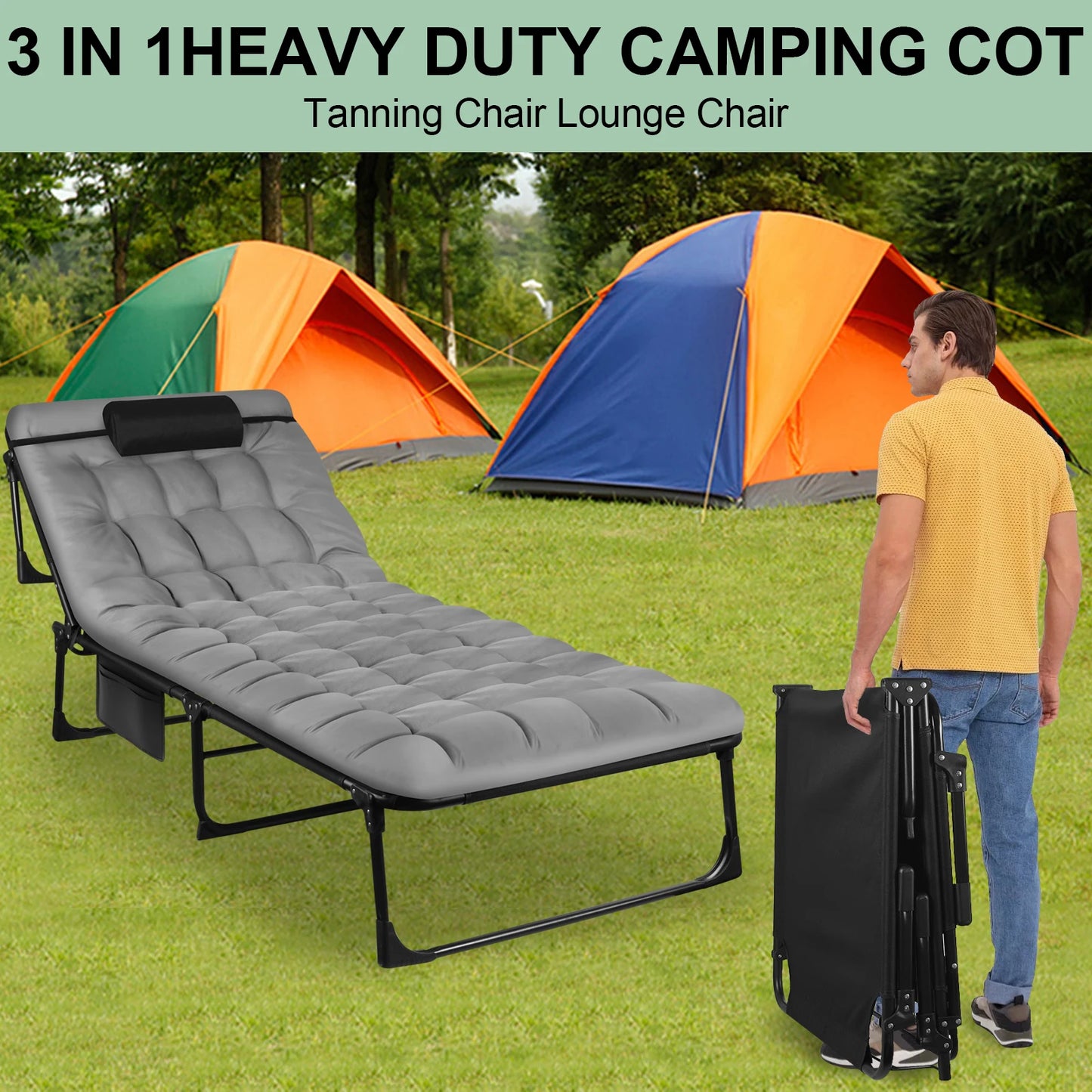 Portable Folding Camping Cot With Pillow 3 Position Reclining Lounge