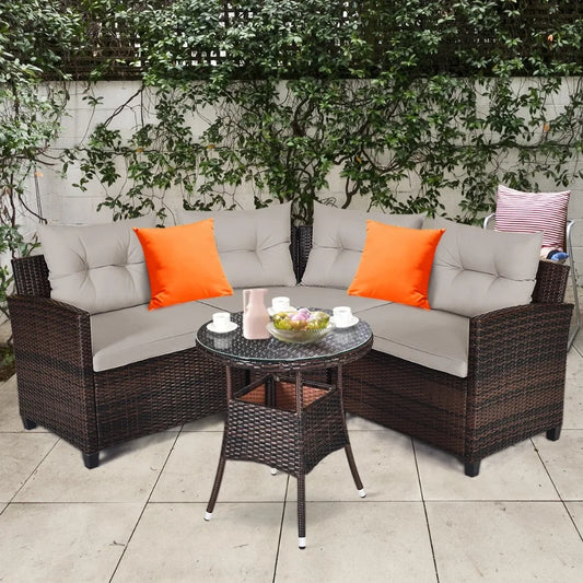 4PCS Patio Furniture Set Outdoor Rattan Sectional w/ Cushioned Sofa Table