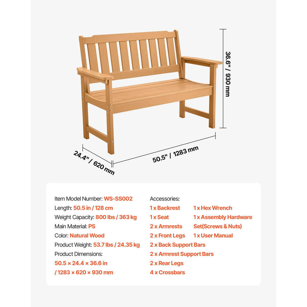 SucceBuy Wooden Outdoor Garden Bench With Metal Frame