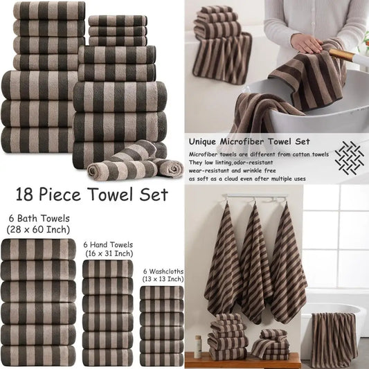 Ultra Soft Brown Cabana Stripe Family Towel Set - 6 Bath Sheets, 6 Hand Towels, 6 Washcloths with Hanging Loops for Bathroom Use