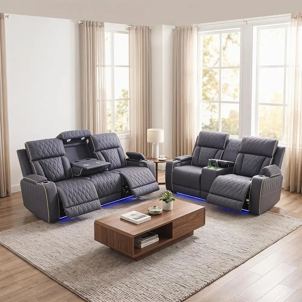 Power Reclining Sofa Set With LED Lights Leather Living Room