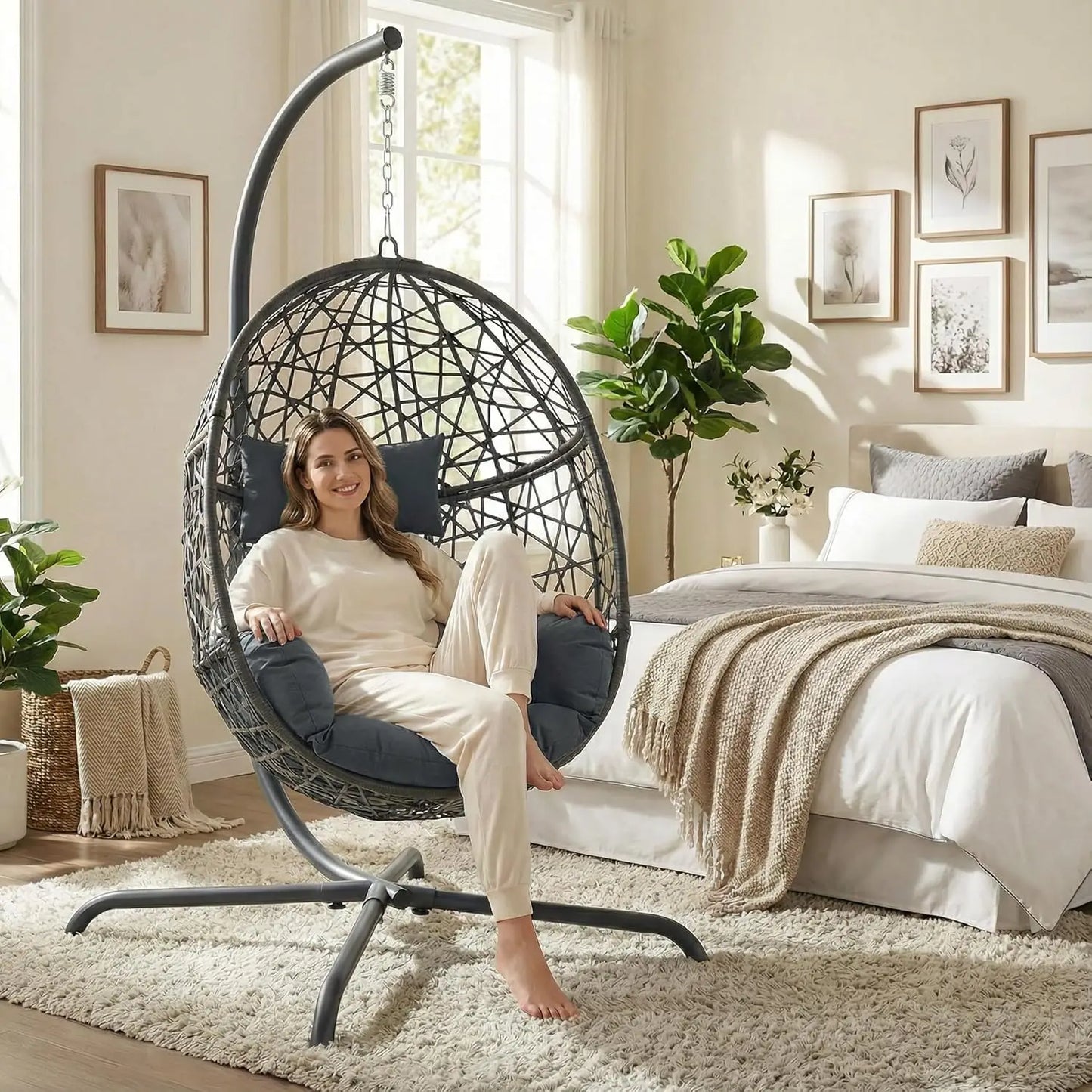 Swing Egg Chair With Stand Bird Cage Patio Hanging Cushion All Weather 350 Lbs