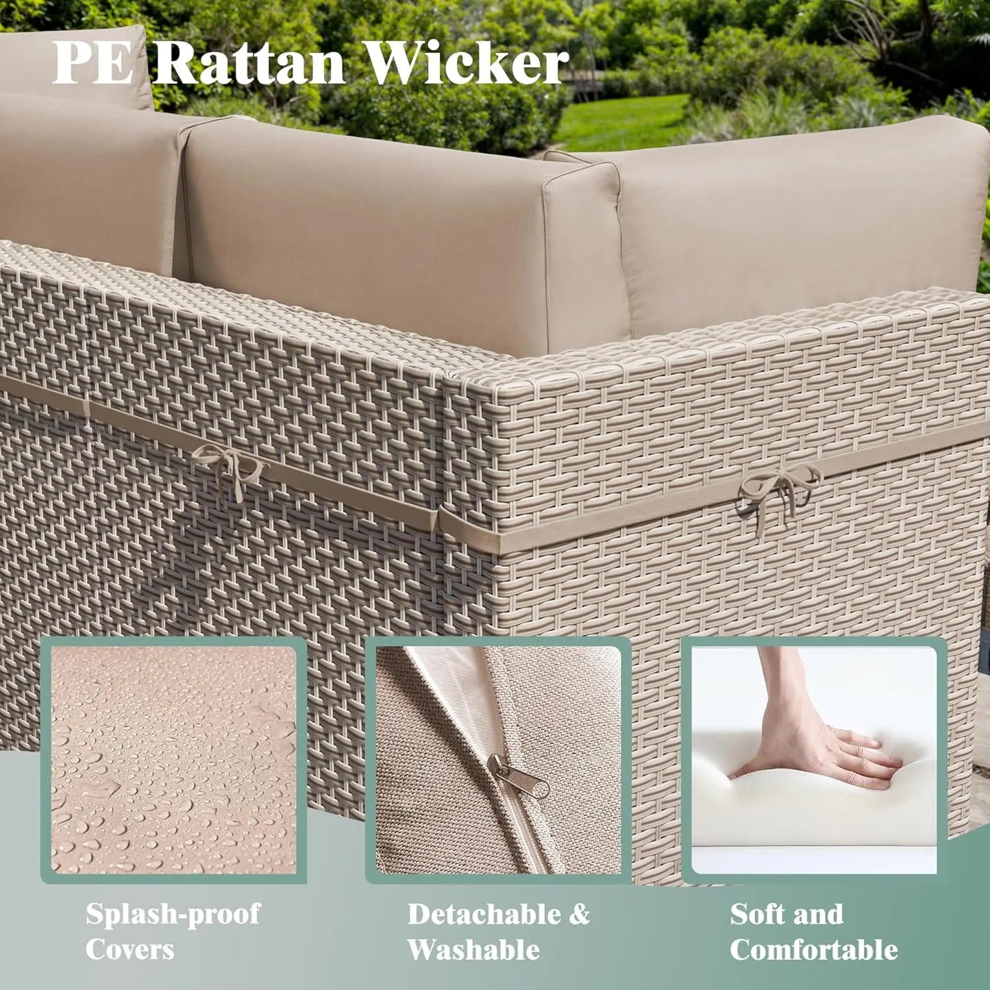 7 Pieces Patio Furniture Set, Outdoor Sectional Wicker Sofa with Thick Cushions and Storage Coffee Table, Rattan, Customized