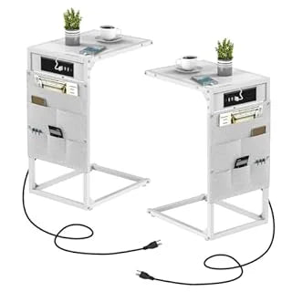 Hign Concerned C Shaped End Table With Charging Station And Storage 2 Piece Metal Frame Living Room And Bedroom