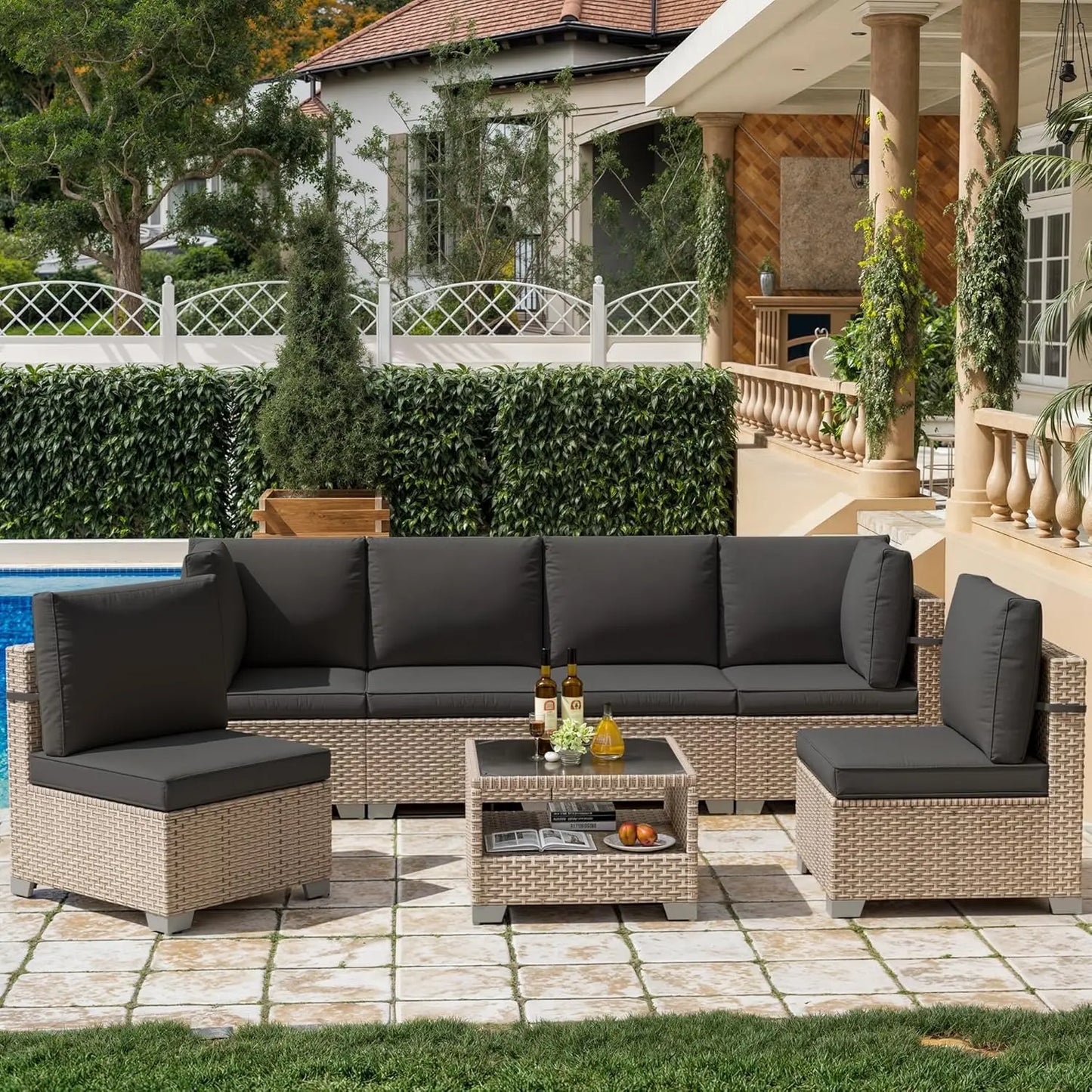 7 Pieces Patio Furniture Set, Outdoor Sectional Wicker Sofa with Thick Cushions and Storage Coffee Table, Rattan, Customized