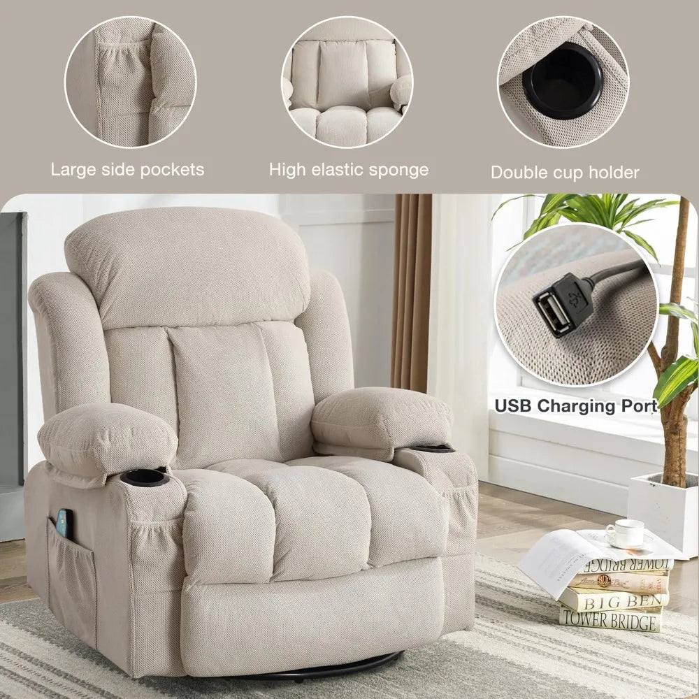 XIAOLANG Oversized Recliner Chair With 360 Swivel Massage Heat USB Cup Holders