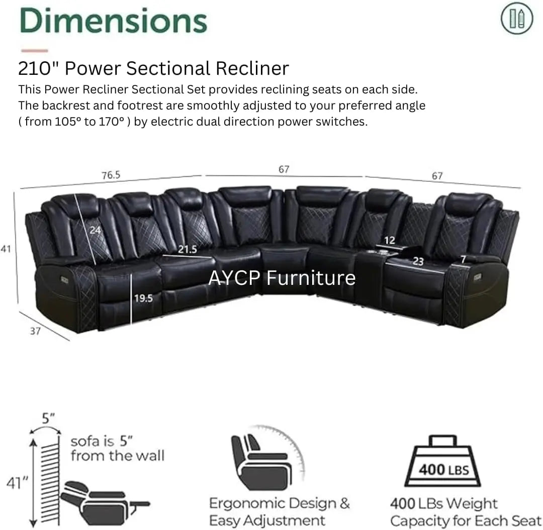 Power Recliner Sofa Sectional With LED Light Air Leather