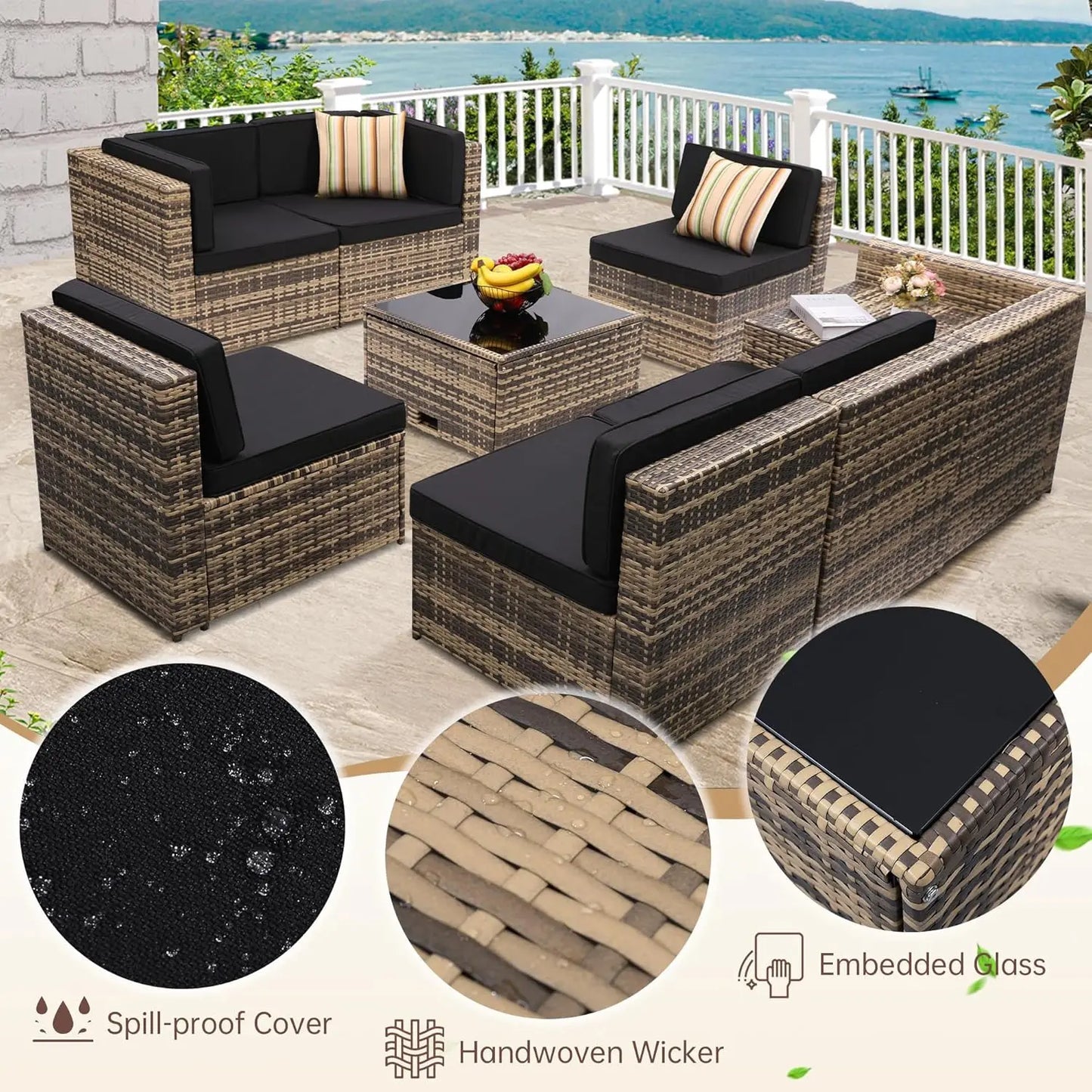 Outdoor Wicker Rattan Patio Sectional Set With Glass Top Table
