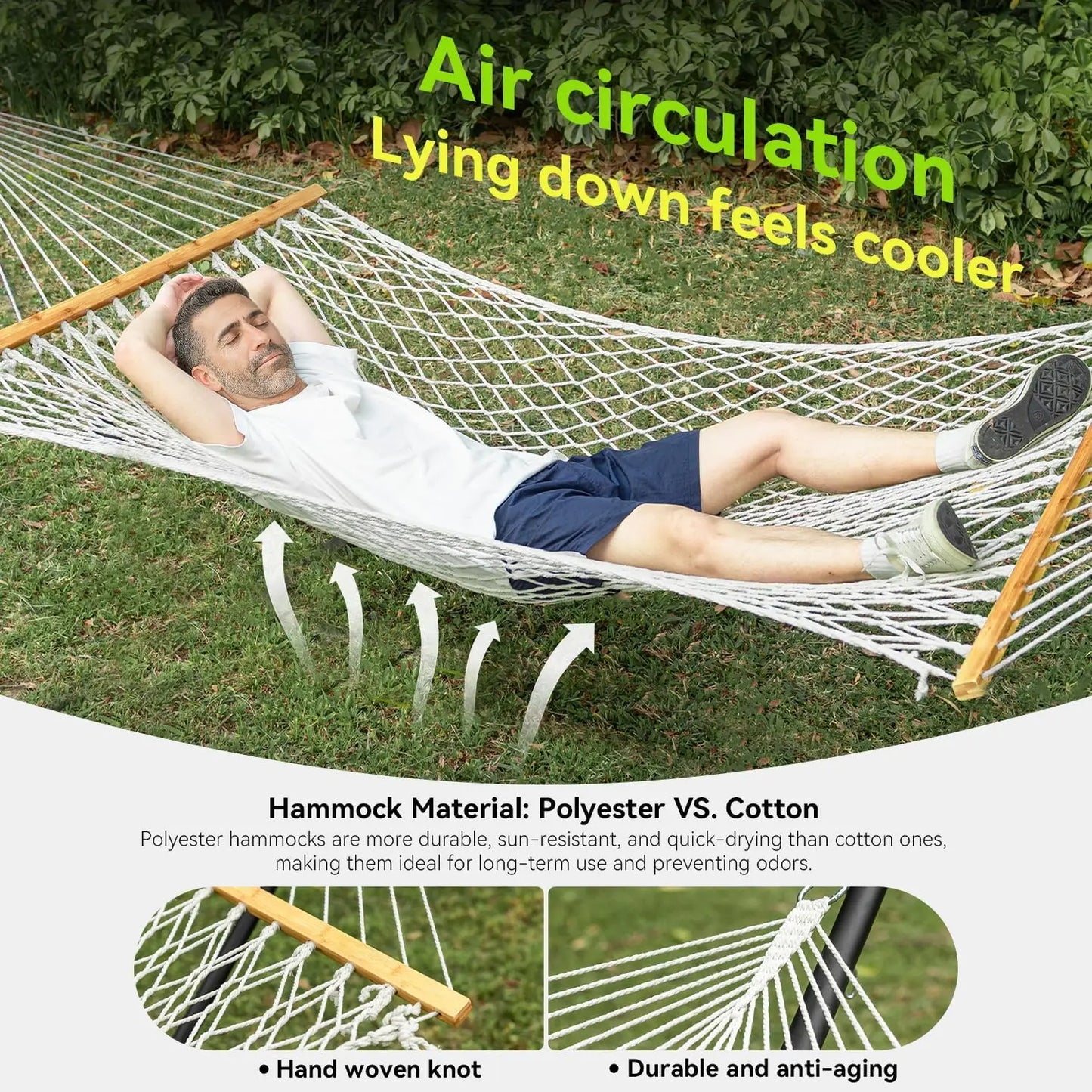 Double Hammock For Two Handwoven Rope With Spreader Bar Outdoor