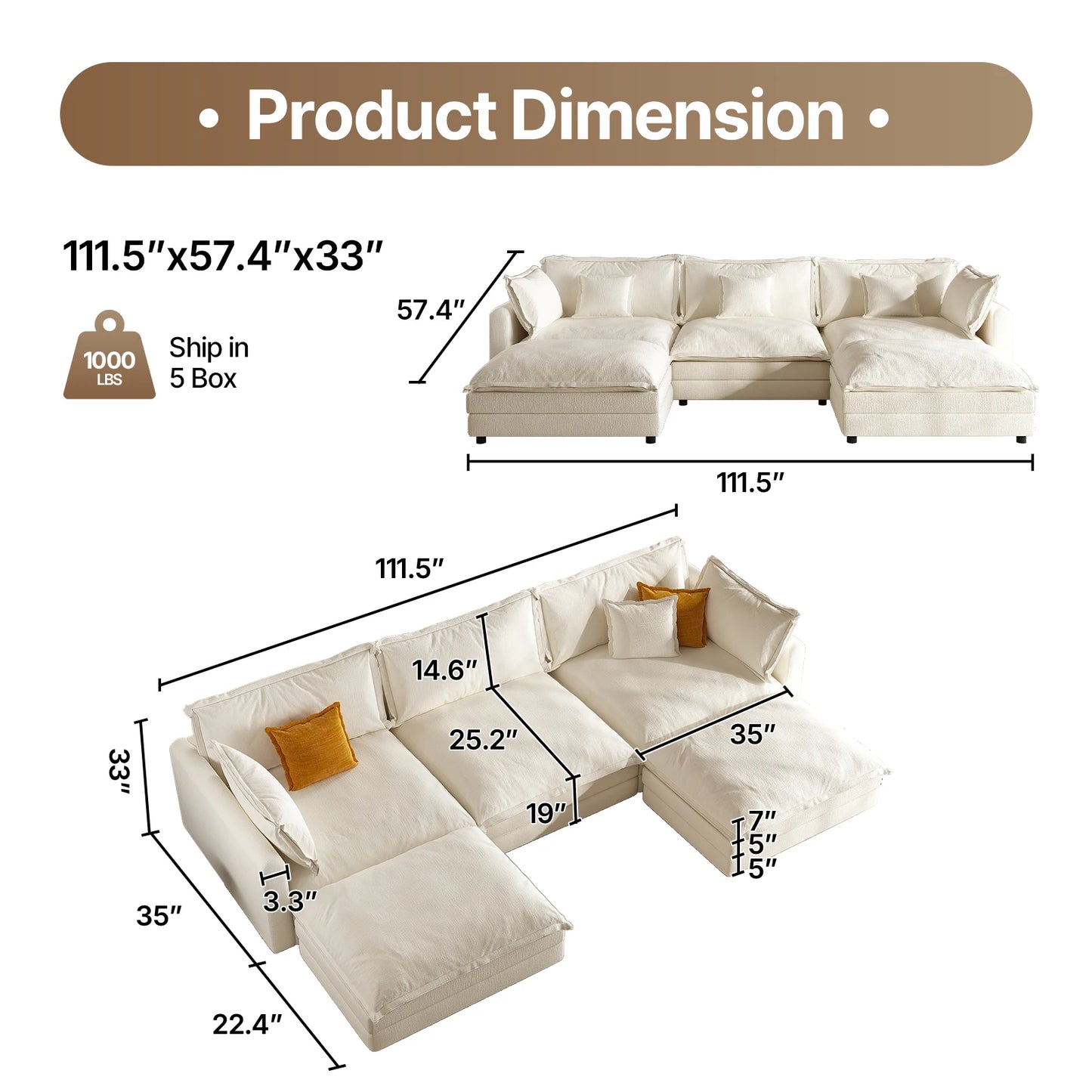 QWCCN L Shaped Modern Sofa Sectional Cloud Couch With Ottoman