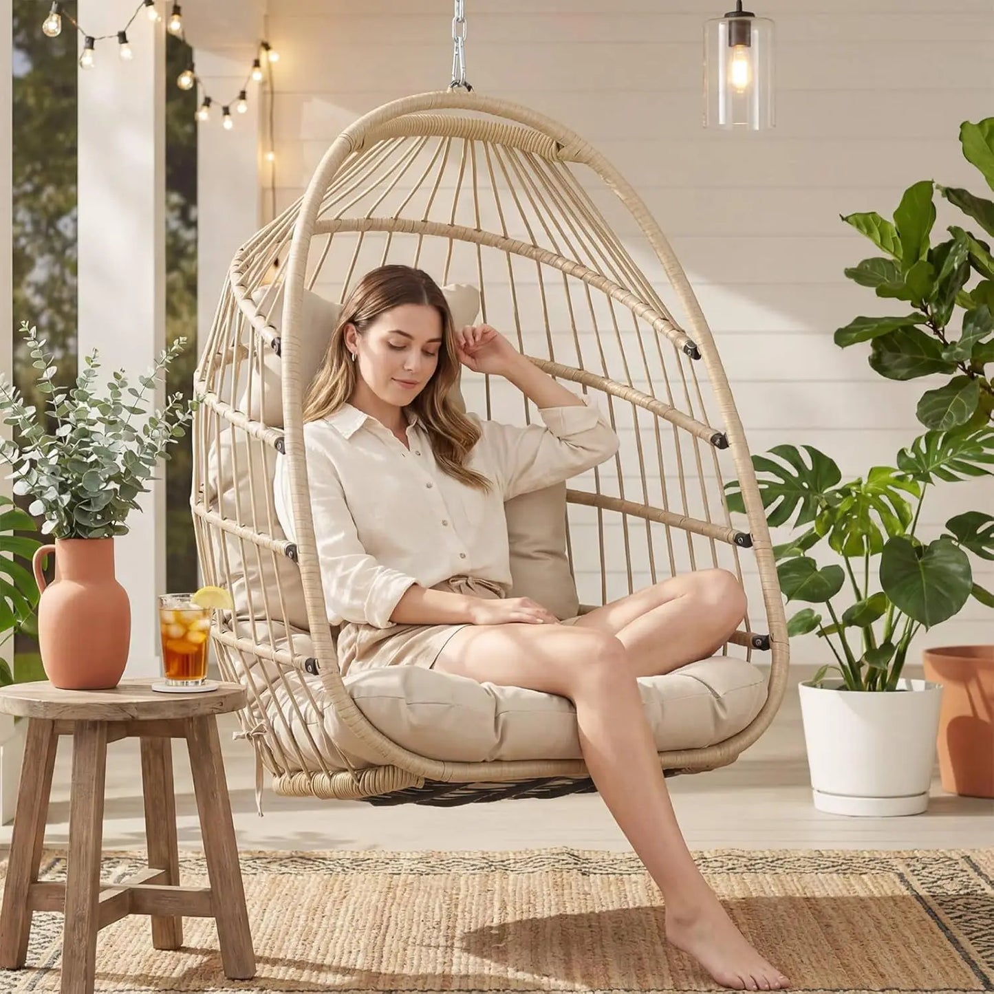 Outdoor Hanging Egg Chair Wicker Swing With Cushioned Seat
