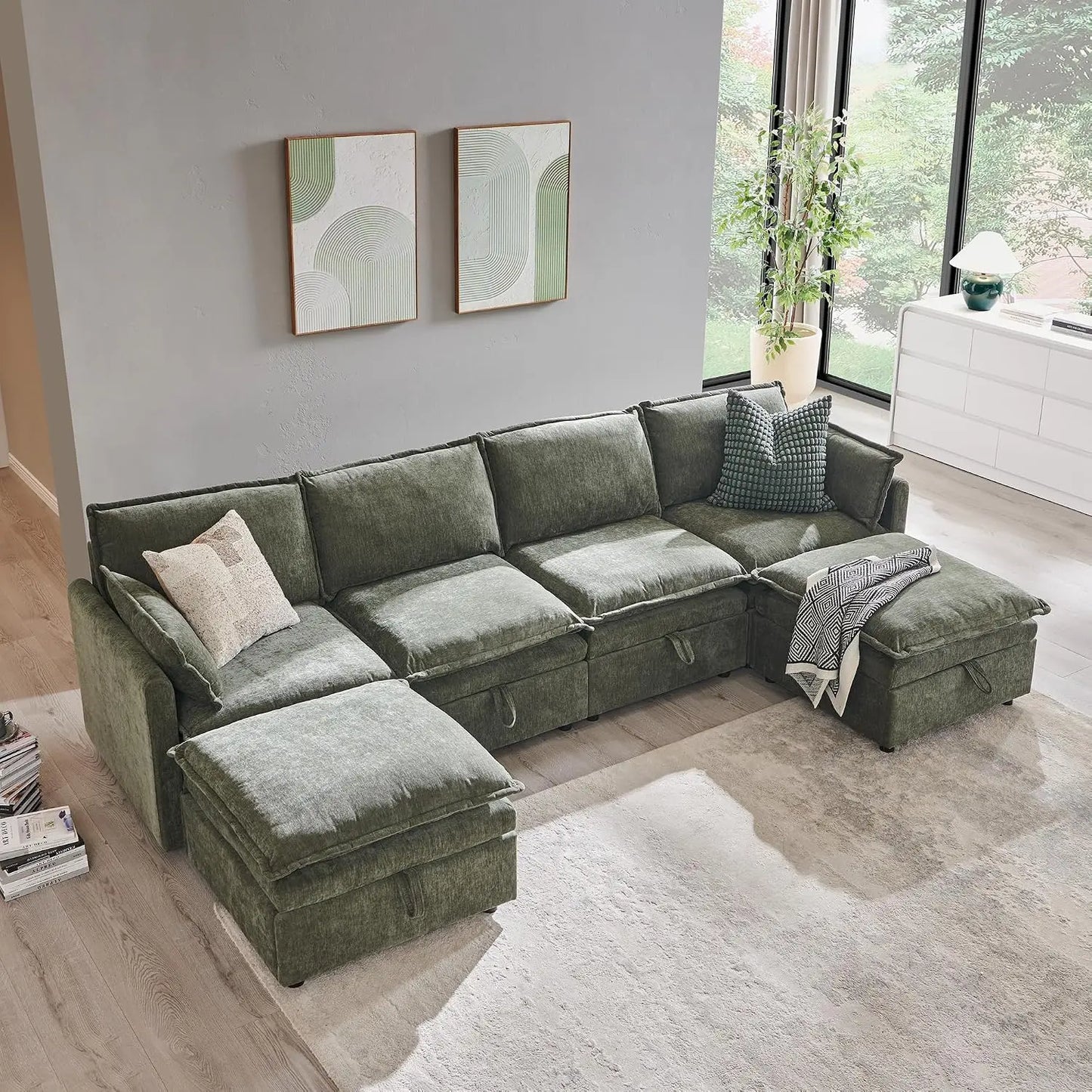 Modular U Shaped Sectional Sofa With Storage Ottoman For Living Room