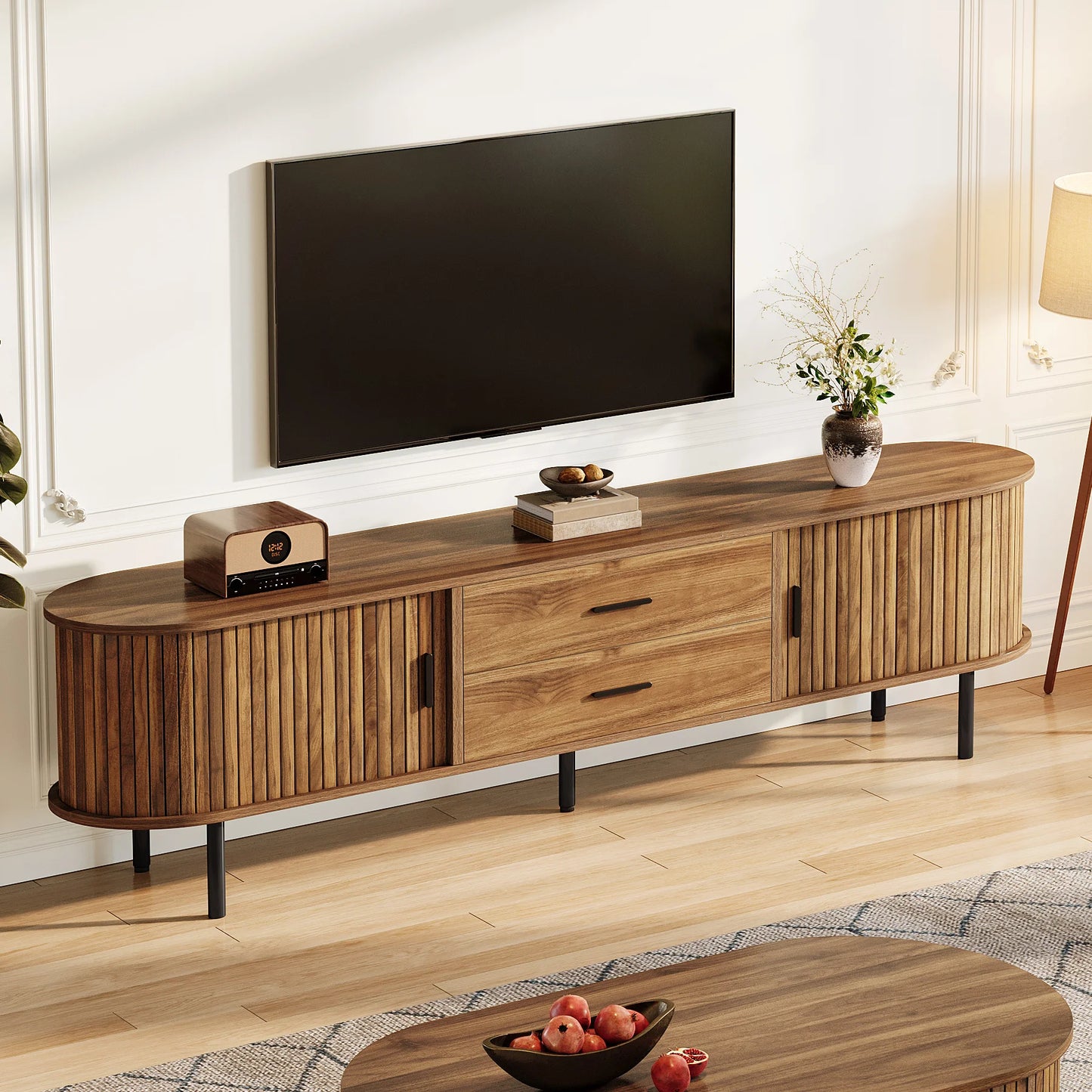 Tribesigns Mid-Century TV Stand With Sliding Tambour Doors and Shelves