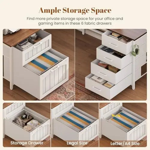 Farmhouse L Shaped Desk with 6 Drawers and Power Outlet