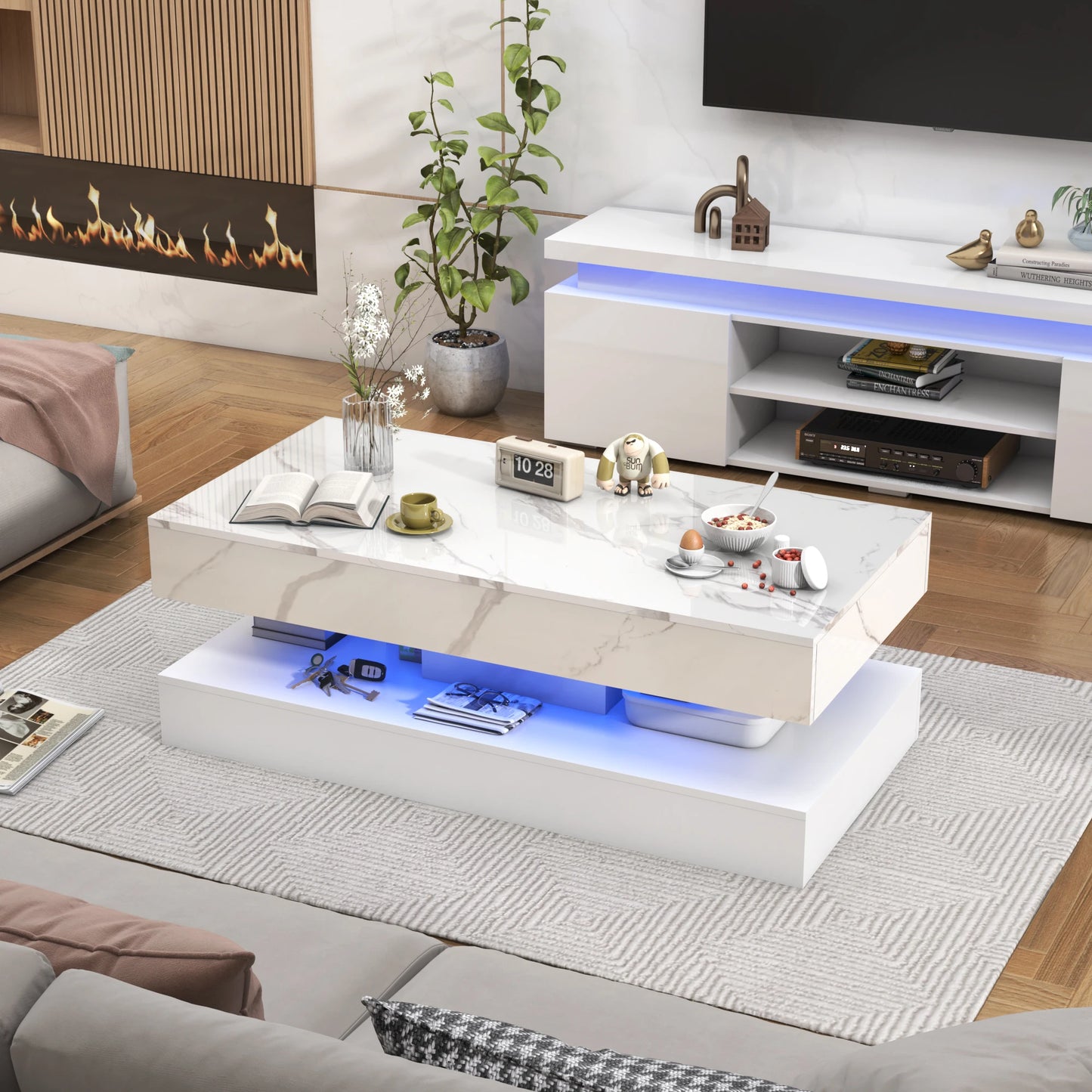 QiaoShiRen Modern Coffee Table With LED Lights And Drawers