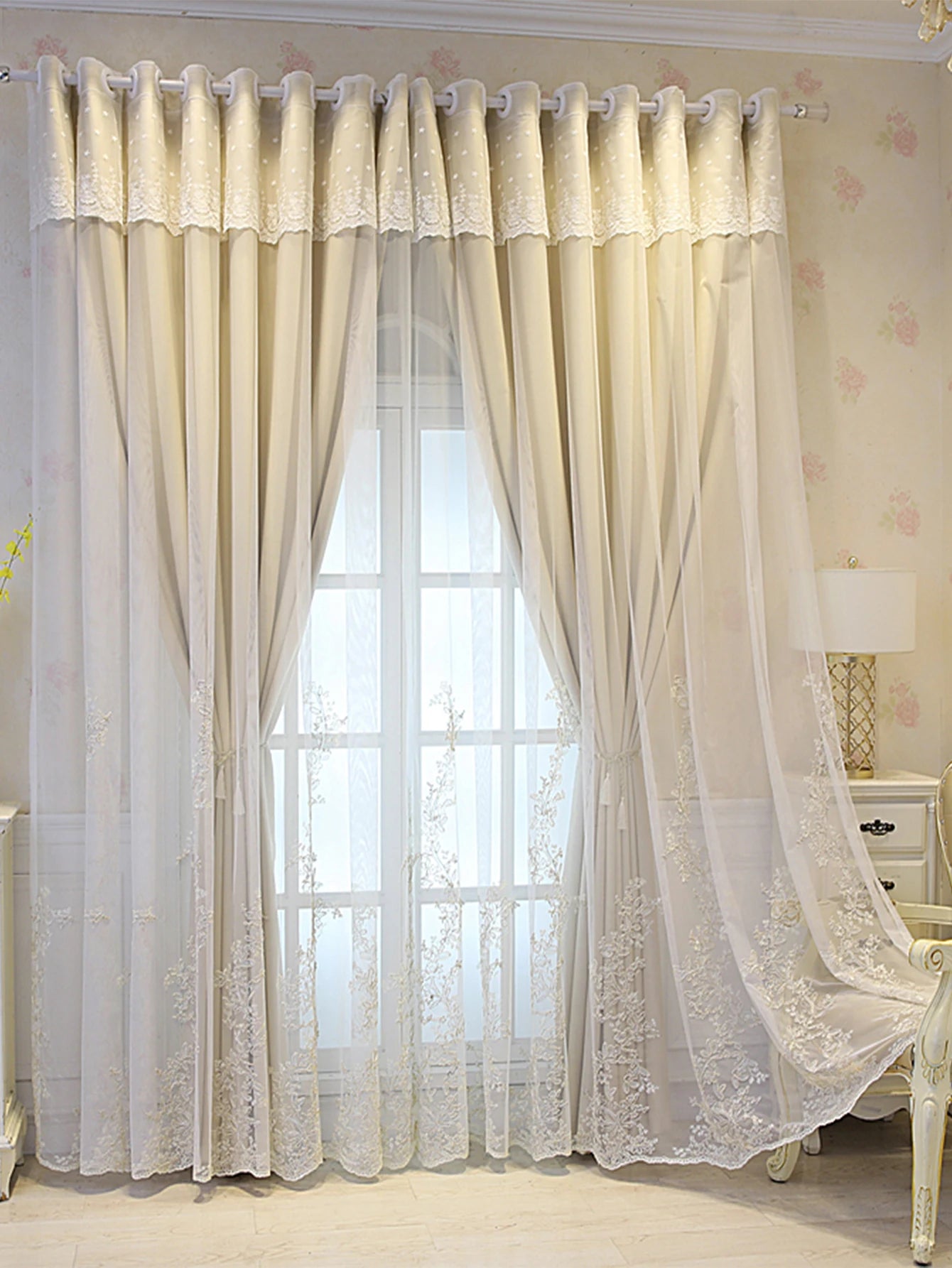 1pc Double Layer Embroidery Curtain  Blackout Curtain  Window Drapes Curtains for Bedroom Living room sliding Door Home Decor