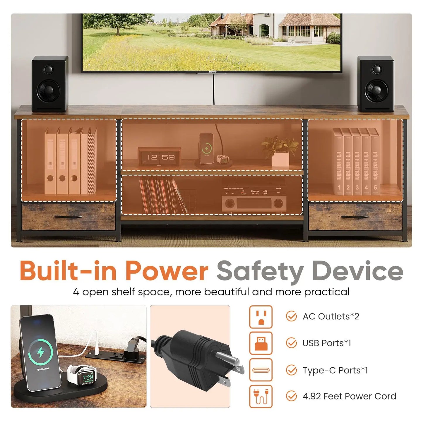 JHK Multifunctional Modular Wooden TV Stand Entertainment Center With ConcealedCableManagement