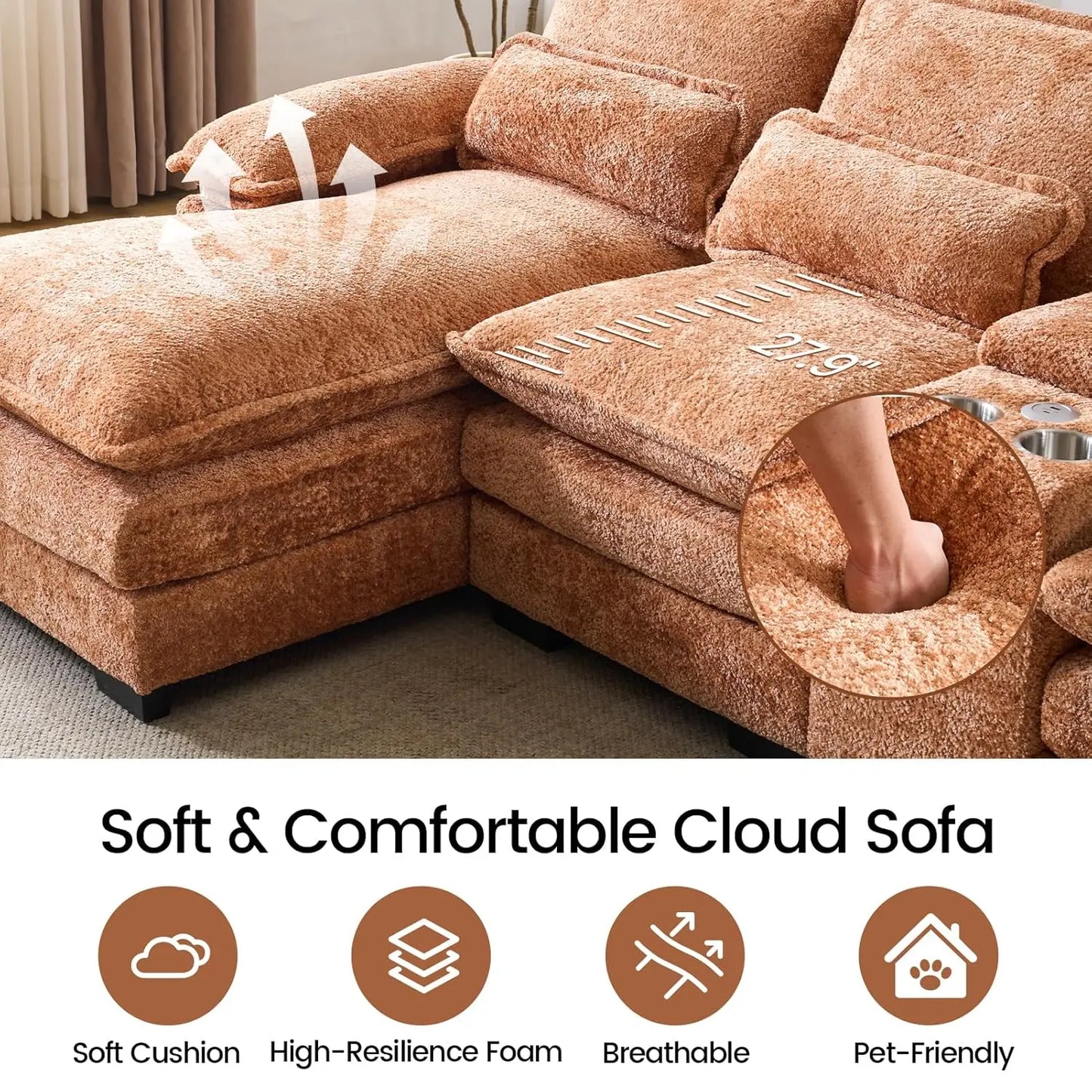 U Shaped Cloud Modular Sofa With Chaise Lounges