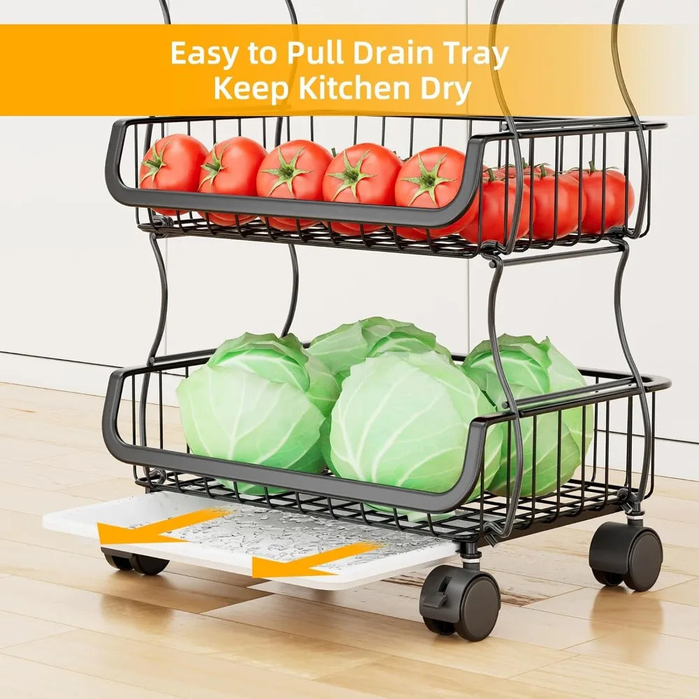 4 Tier Rolling Cart With Wheels And Two Hanging Baskets For Kitchen Storage Metal Wire