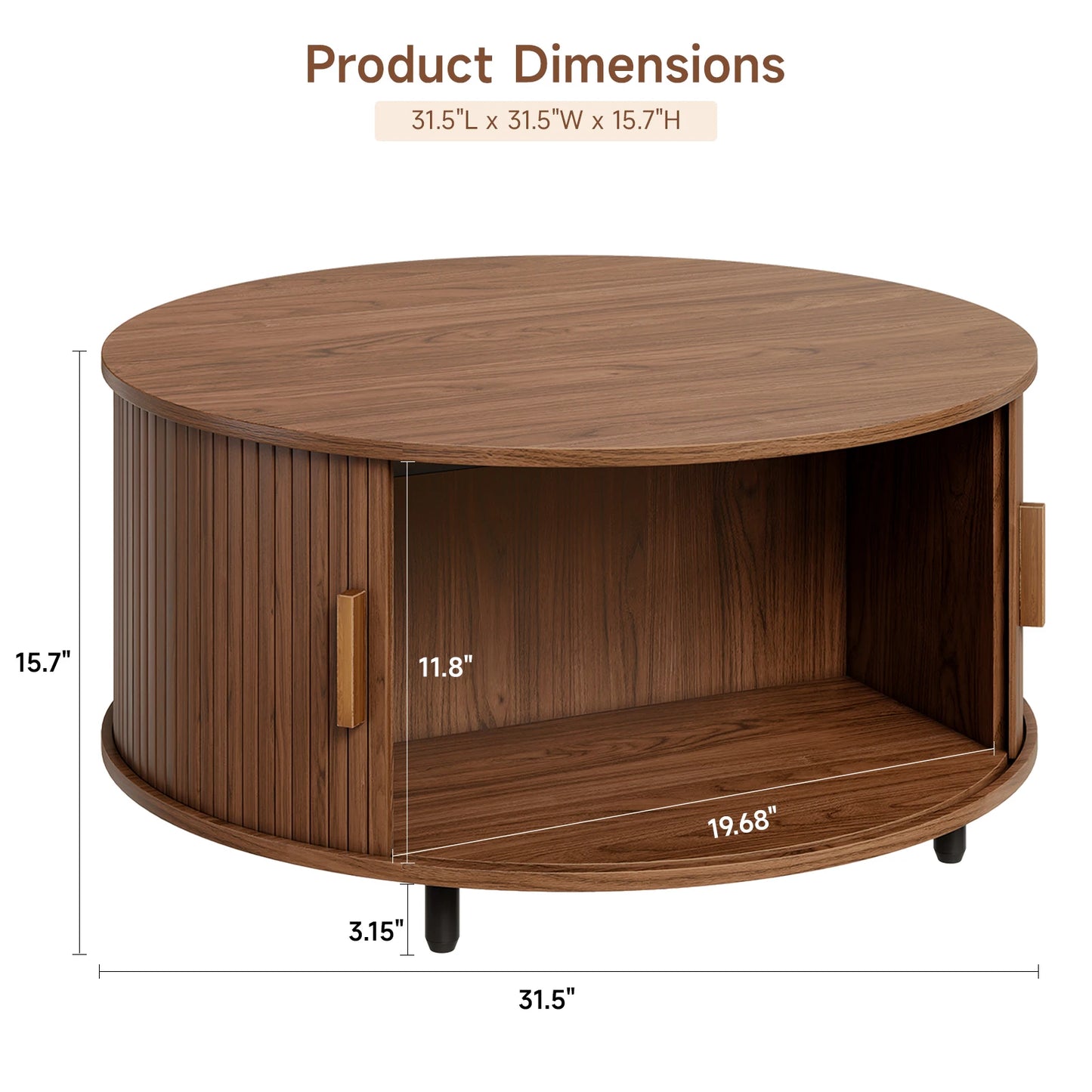 Round Coffee Table With Storage Fluted Wood Accent