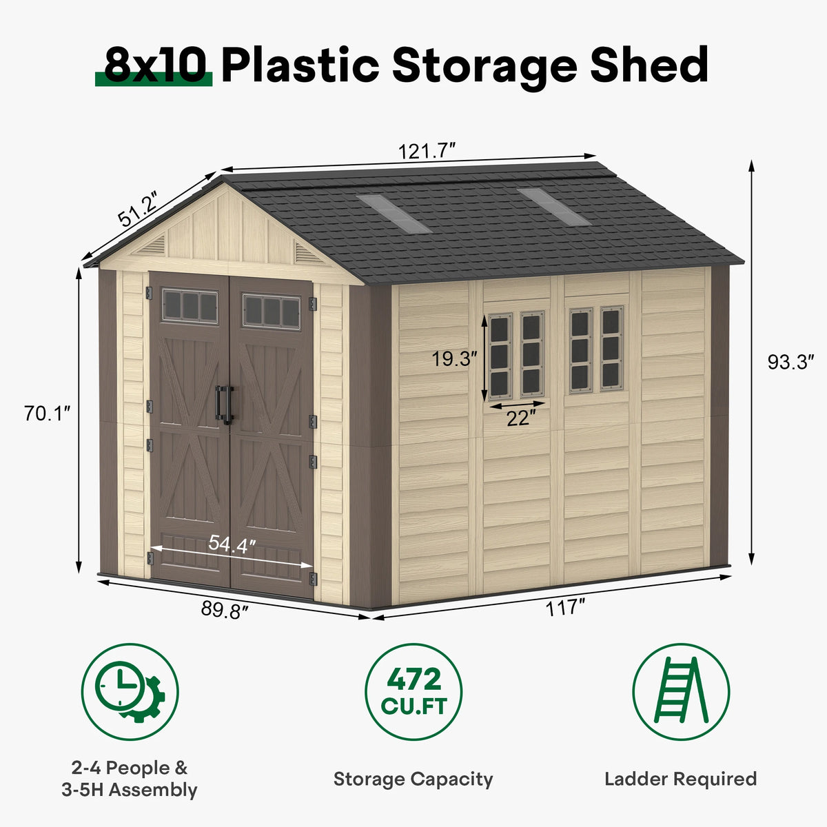 Evokeden Outdoor Plastic Storage Shed With Lockable Double Doors