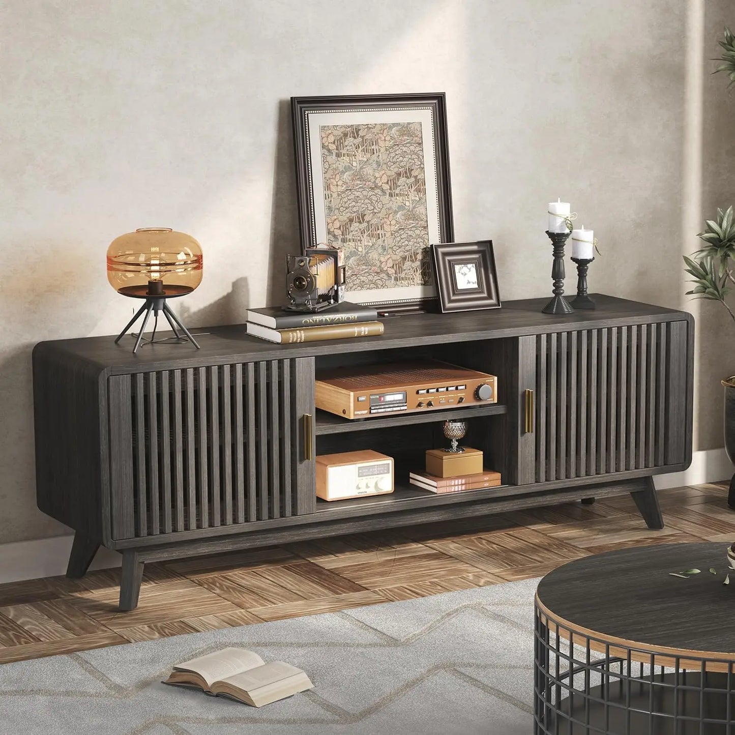 Ironck TV Stand With FloorToCeiling SlidingDoors AndIntegratedPowerChargingStation