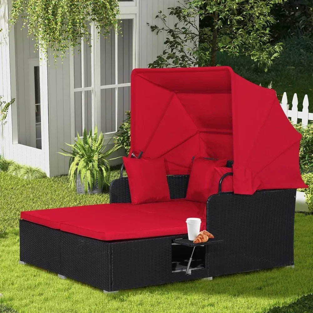 Outdoor Daybed with Retractable Canopy, Wicker Cabana with 2 Side Tables & Soft Cushions, Patio Sectional Furniture Set