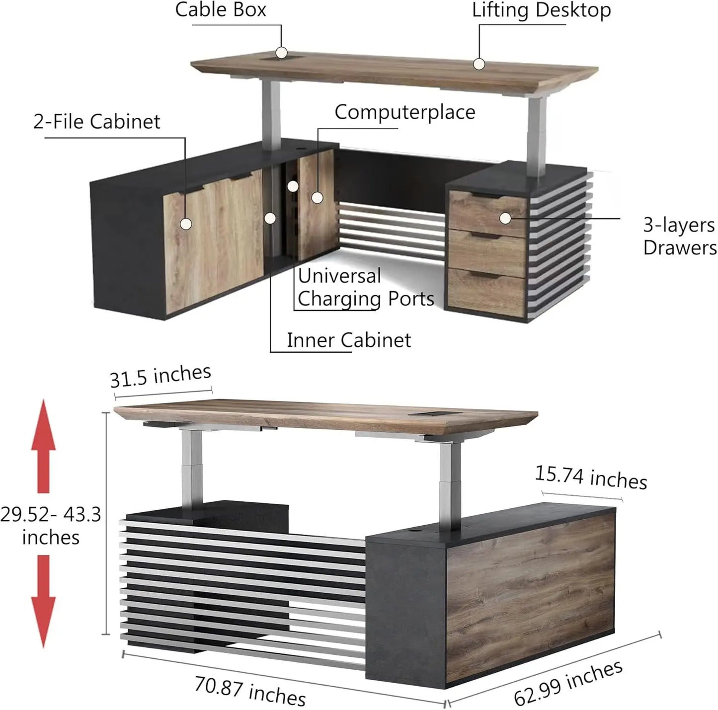 L Shaped Adjustable Executive Desk With Drawers And Charging Ports