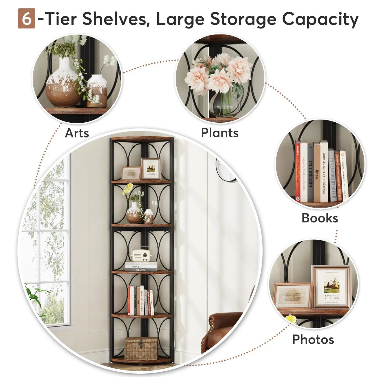 Tribesigns Six Tier Rustic Corner Shelf Bookcase for Small Spaces