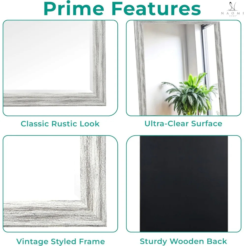 Farmhouse Full-Length Mirror with Wood Frame, Rustic 66x32 Large Floor Mirror, Elegant Full Body Standing