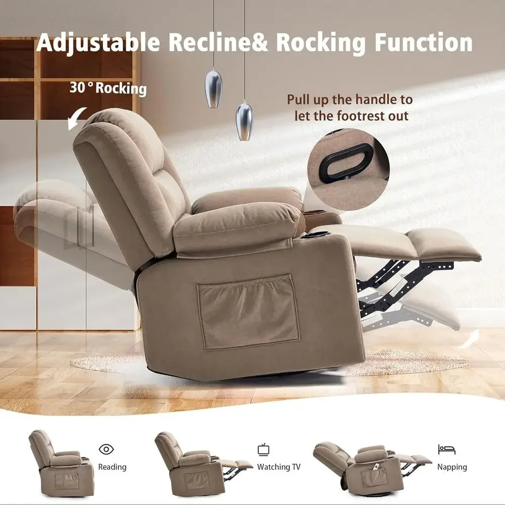 Overstuffed Manual Rocker Swivel Recliner With Massage And Heat