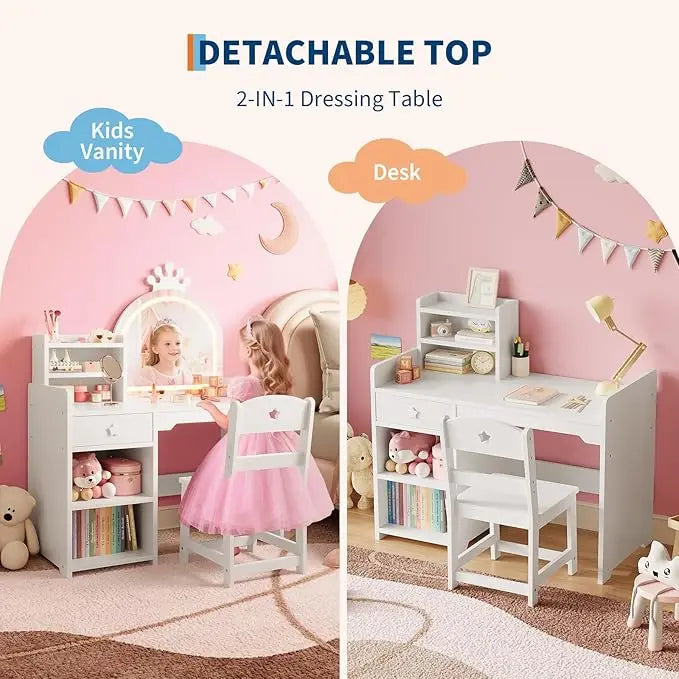 HiMISS Kids Vanity With Lights 2 In 1 Princess Makeup