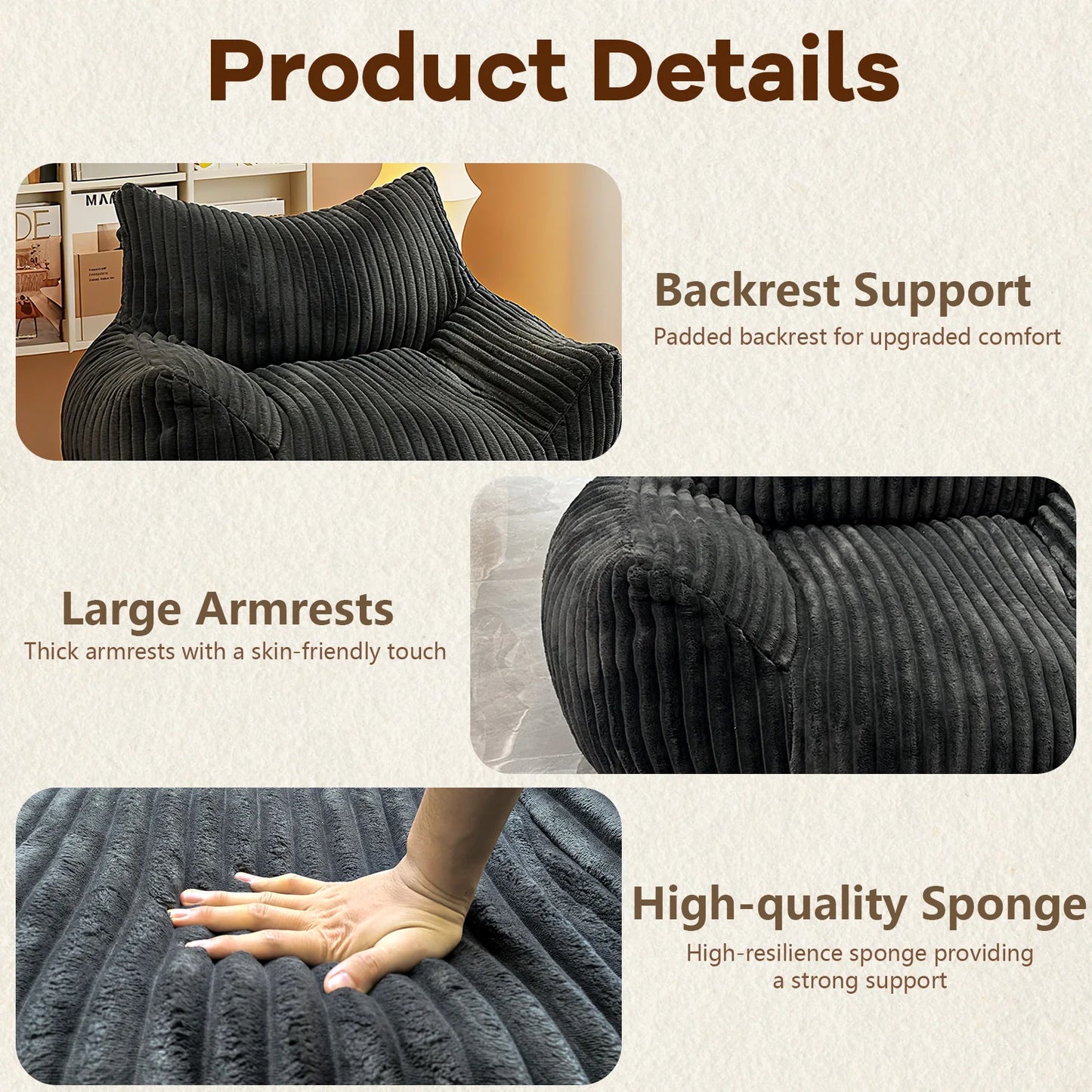 Reading Chair Bean Bag Chairs for Adults With Density Foam Cushion, Living Room