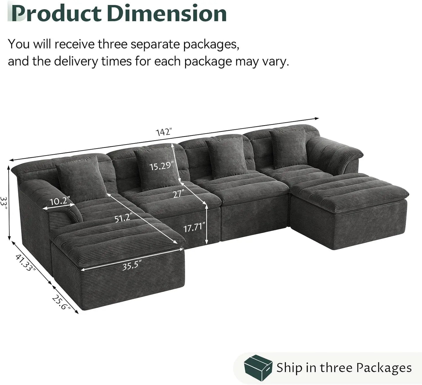 Modular Cloud Sectional Sofa With Ottoman U Shape Corduroy