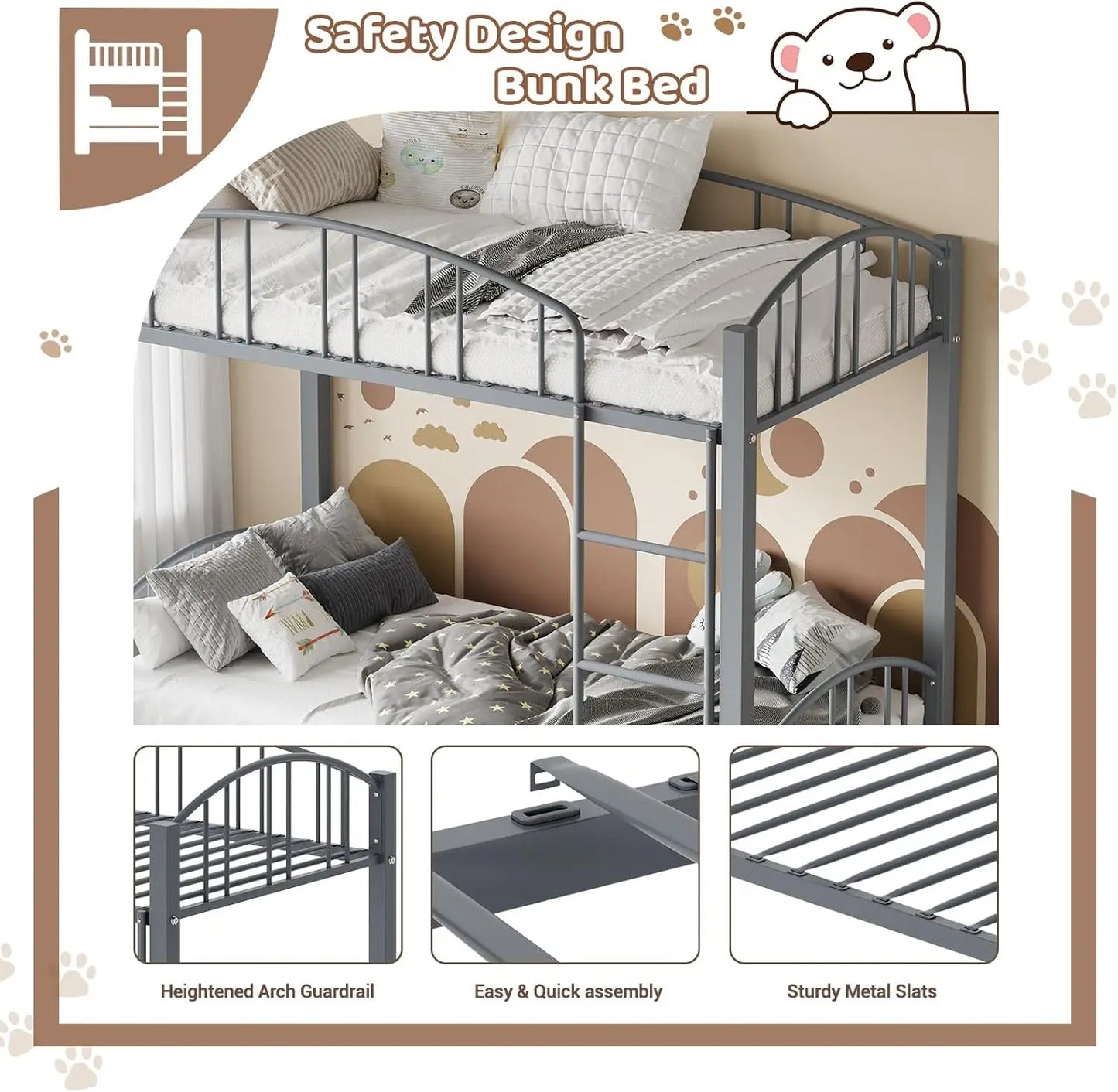Acekool Metal Loft Bunk Bed With Guardrail And Ladder
