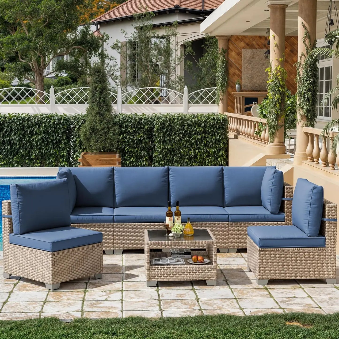 7 Pieces Patio Furniture Set, Outdoor Sectional Wicker Sofa with Thick Cushions and Storage Coffee Table, Rattan, Customized