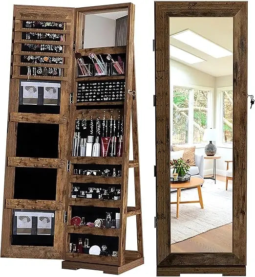 Lockable Floor Standing Wooden Jewelry Armoire with Full Length Mirror 360°Rotatable Jewelry Organizer Cabinet